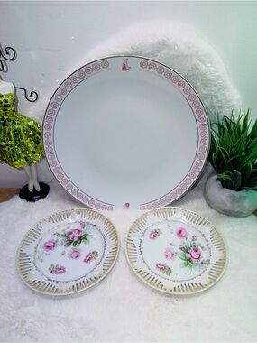13” Porcelain Cake Platter w Pink Floral & Gold Trim Plus 2-7.5” Fruit Plates 💕